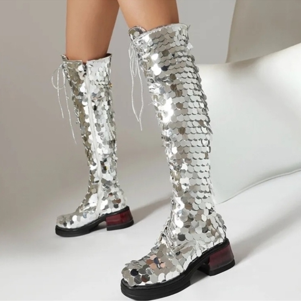 Unique Spectrum Silver Sequin Lace Up Boots, brand new!! Size 42